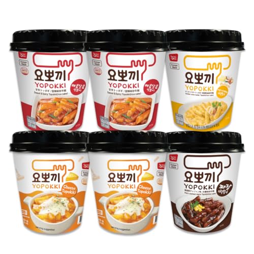 Yopokki Instant Tteokbokki Rice Cakes Korean, Variety Topokki Cup - Great with Cheese and Ramen Toppings, Korean Snacks for College Dorm, Korean Street Food Quick & Easy to Prepare, Pack of 6