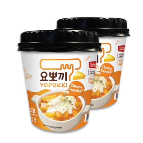 Yopokki Instant Tteokbokki Rice Cakes Korean, Cheese Topokki Cup - Great with Cheese and Ramen Toppings, Korean Snacks for College Dorm, Korean Street Food Quick & Easy to Prepare, Pack of 2